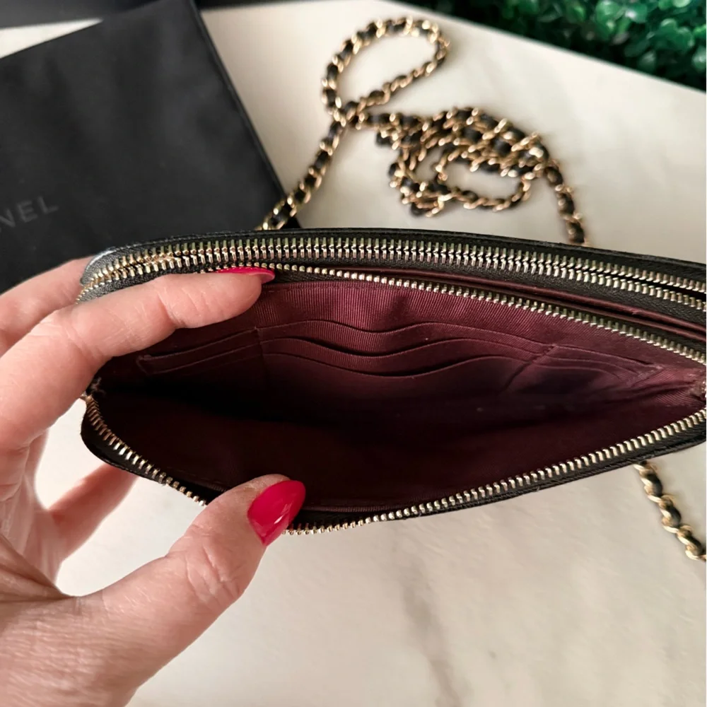 Chanel Black Caviar Quilted Double Zip Clutch with Chain Crossbody Bag Authentic